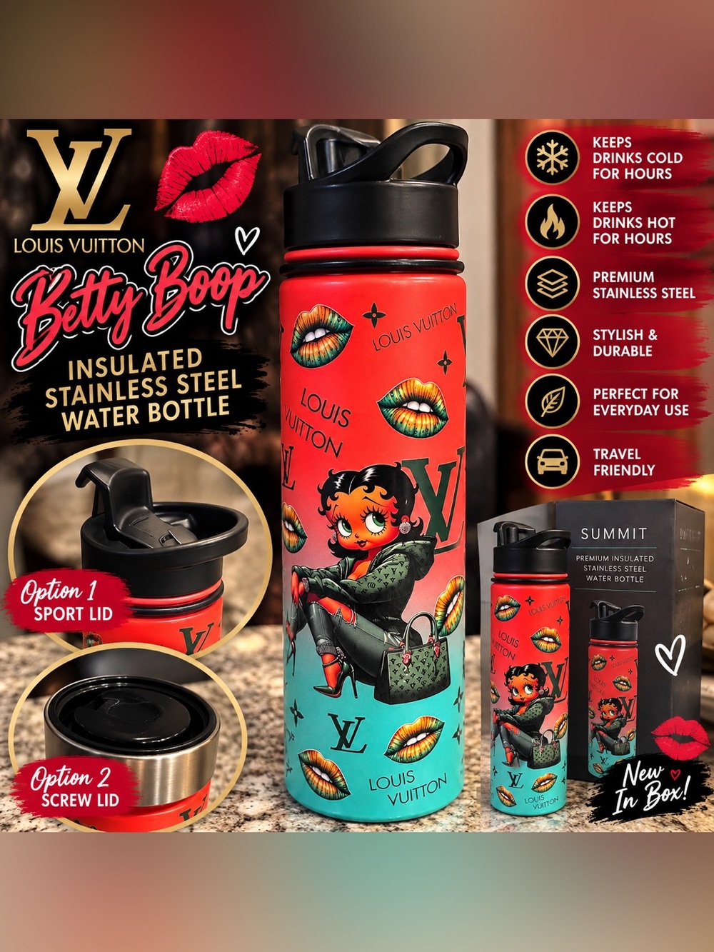 Sweaty Betty Red and Teal Betty Boop Stainless Steel Bottle NEW IN BOX LV